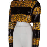 Payetli, leopar desenli crop bluz